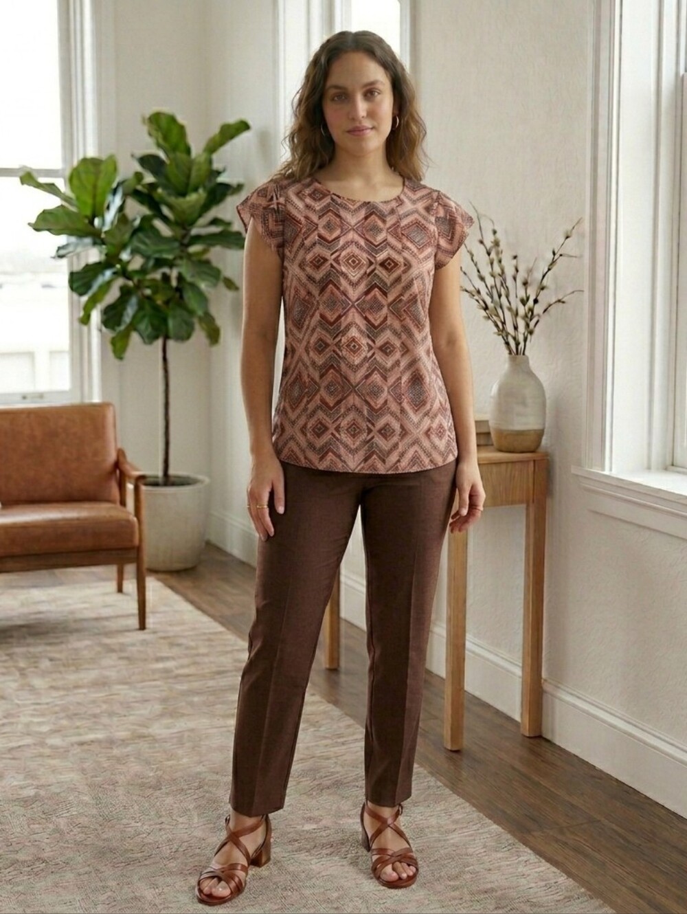 Japna Pink Brown Geometric Diamond Print Blouse Flutter Cap Sleeve Sz S